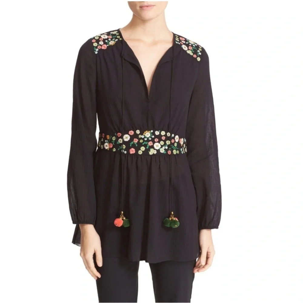 Tory Burch Fleur Embroidered Floral Woven Peasant Tunic Blouse Boho Black 8